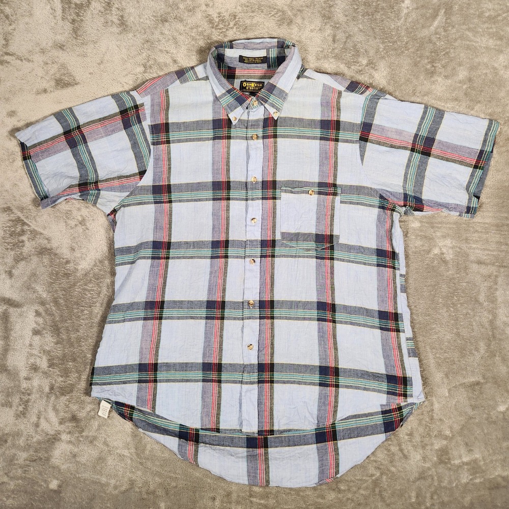 OshKosh B'Gosh‎ Madras Shirt Mens 48 Blue Plaid Excellent Vintage Made in USA